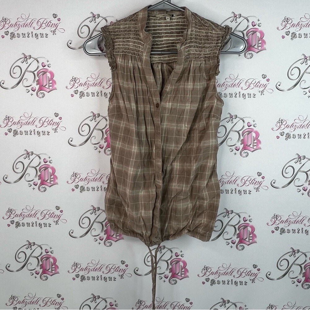 RW&CO. Tank top button up stripes y2k smocked detail vest Brown Plaid Blouse